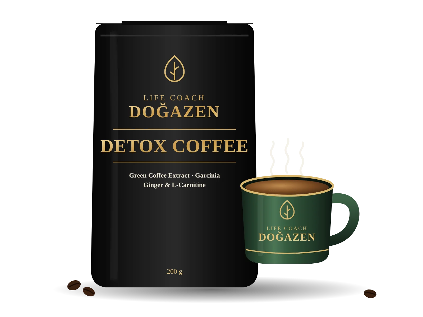 Doğazen Detox Coffee paketi ve Doğazen logolu yeşil kupa